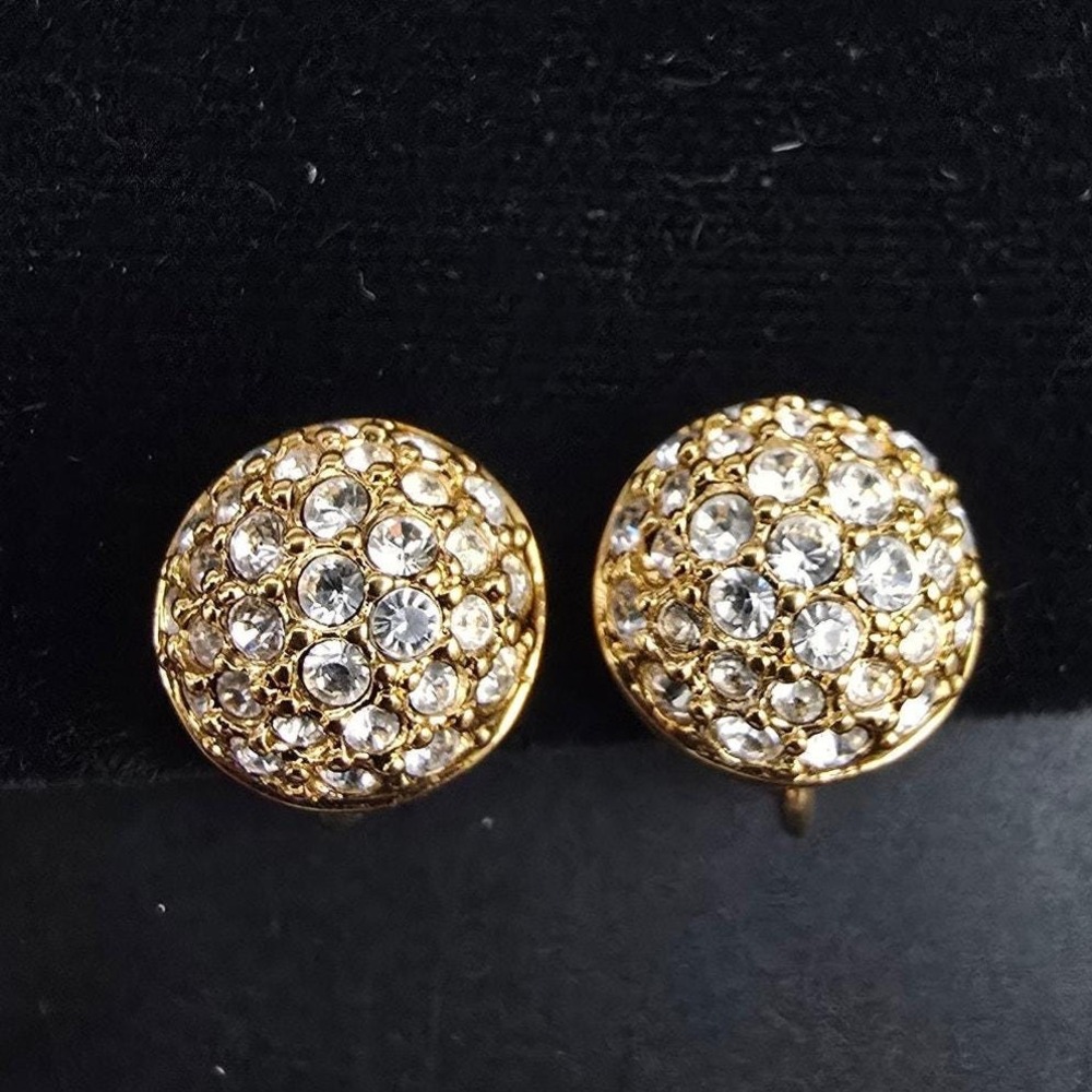 Swarovski Rhinestone Domed Clip On Earrings Gold Tone Petrite